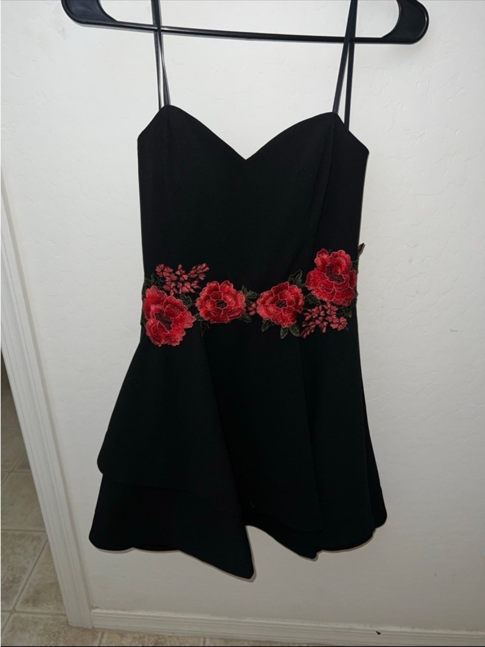 B Darlin Black Mini Dress with Red Floral Embroidery